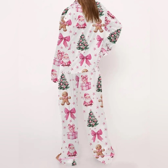 Pink Coquette Bowknot Christmas Pajamas Satin Pj’s Santa Bows & Gingerbread Men - Picture 4 of 6